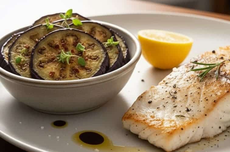 Auberginen mariniert mit Fisch angerichtet