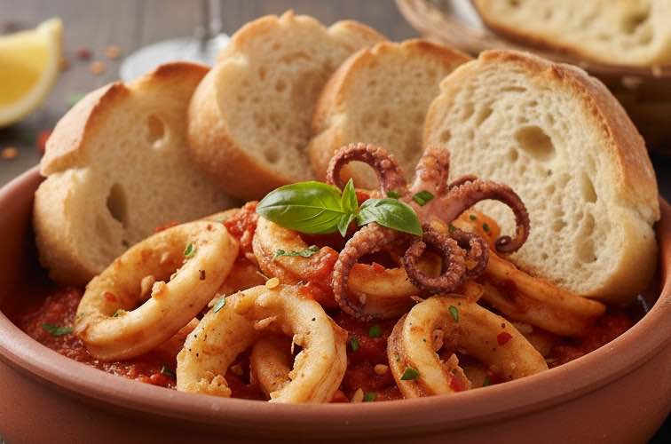 Calamari alla Napoletana mit Weißbrot serviert
