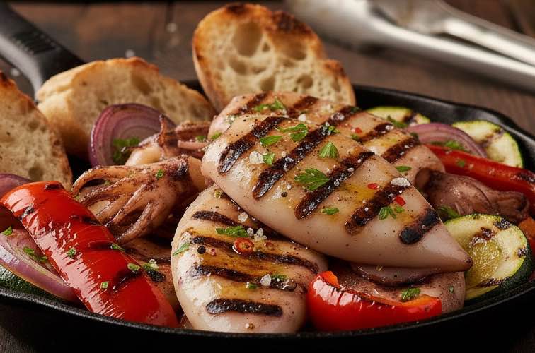 Calamari vom Grill mit gegrilltem Gemüse serviert