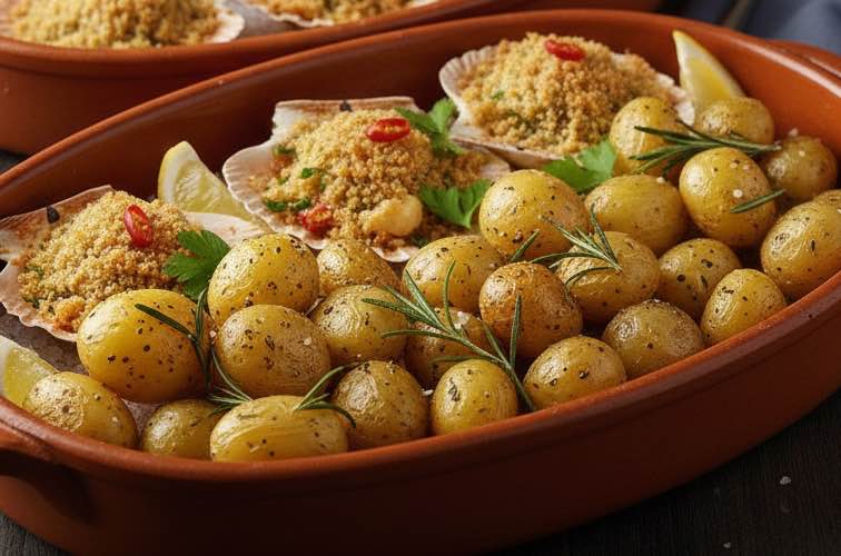 Capesante gratinate mit Rosmarinkartoffeln angerichtet