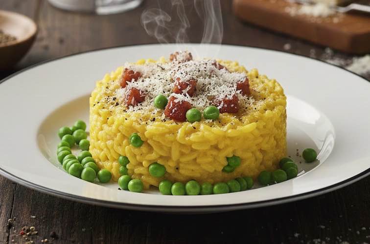Carbonara Risotto mit Erbsen angerichtet