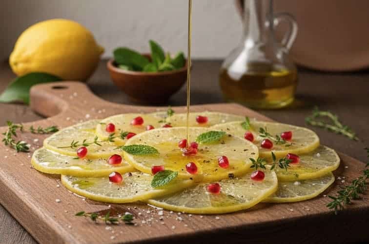 Cedro Carpaccio auf einem Brett angerichtet