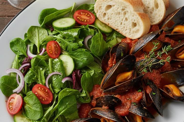 Cozze al Pomodoro mit Salat angerichtet