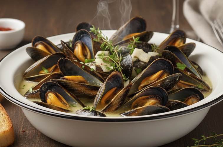 Cozze al Vino Bianco in einem Teller angerichtet