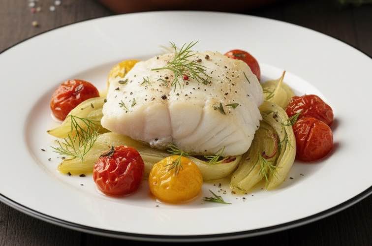 Fisch mit Fenchel und Tomaten Ofen auf einem Teller angerichtet