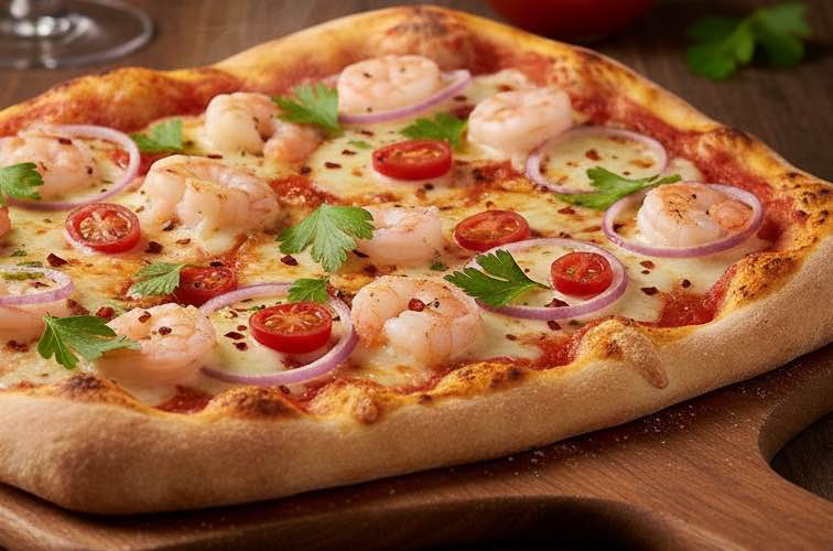 Gamberetti Pizza auf einem Brett angerichtet