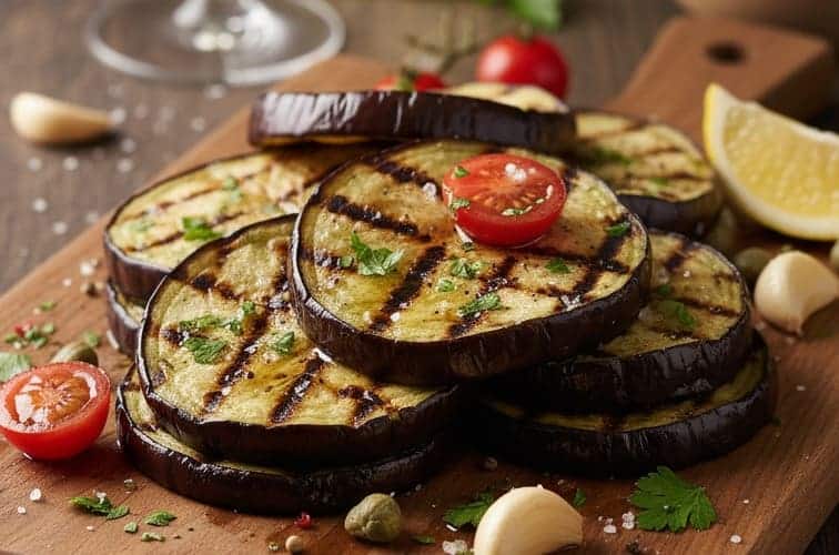 Gegrillte Aubergine auf einem Brett angerichtet