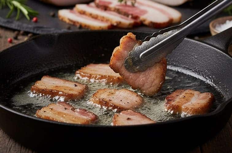 Guanciale oder Pancetta angebraten