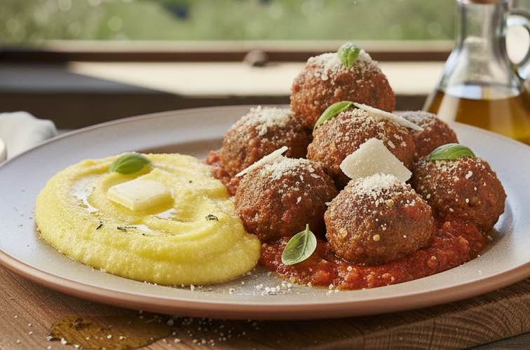 Lenticchie Polpette mit Polenta angerichtet