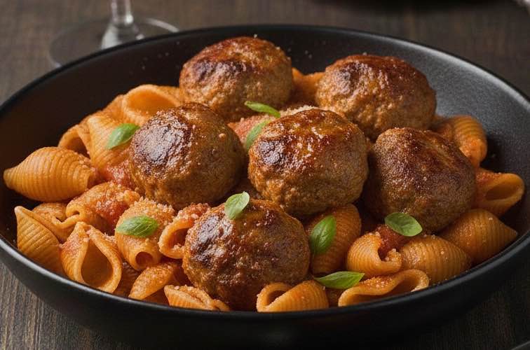 Lumache al Sugo mit Fleischbällchen serviert