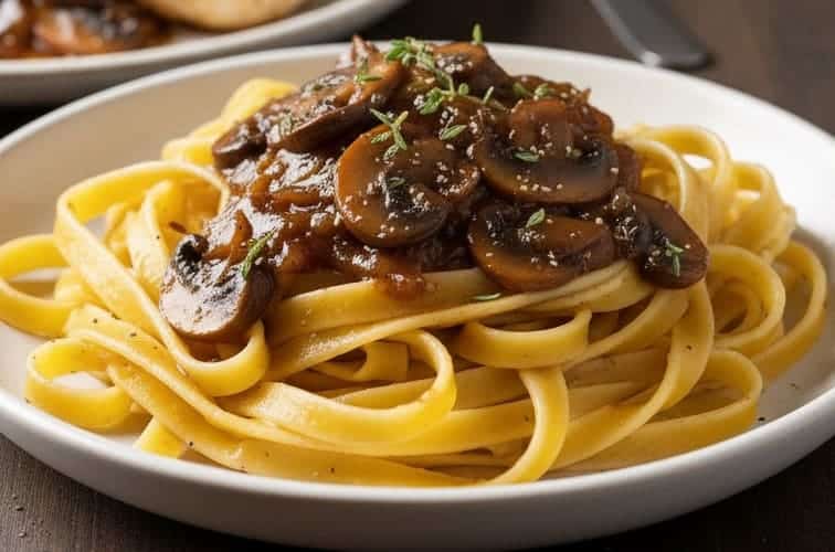 Marsala Sauce italienisch auf Tagliatelle angerichtet