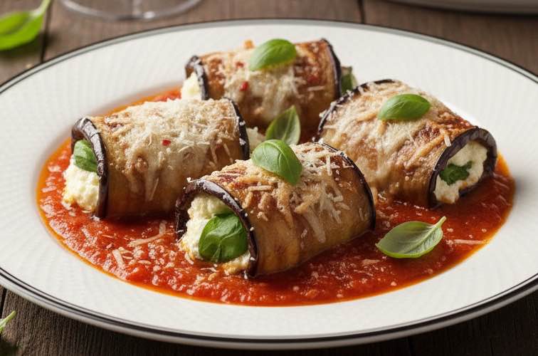 Melanzane Involtini auf einem Teller angerichtet
