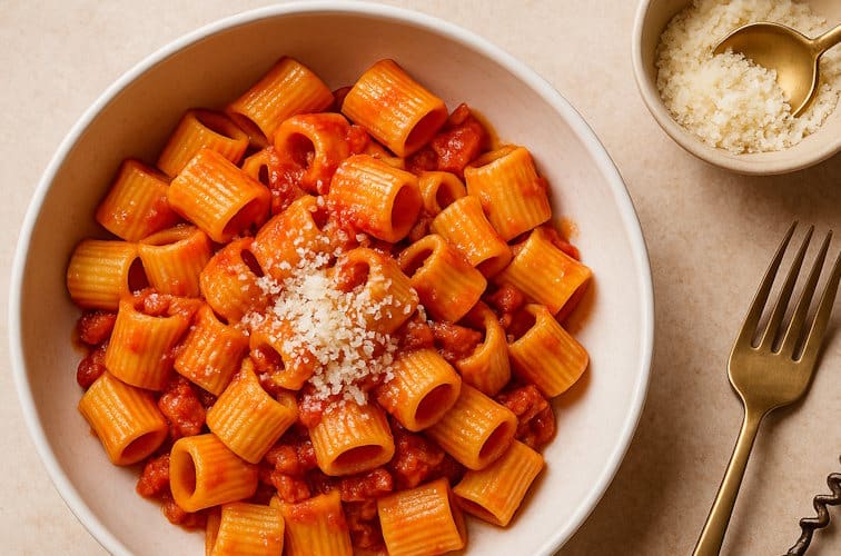 Mezze Maniche all'Amatriciana mit Pecorino Romano serviert