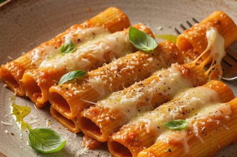 Paccheri alla Vittorio serviert mit Tomatensoße