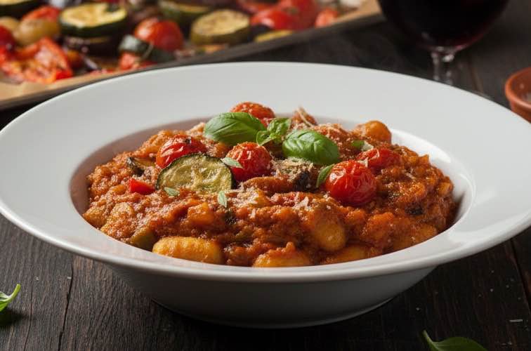 Pasta Sauce aus Ofengemüse mit Gnocchi angerichtet