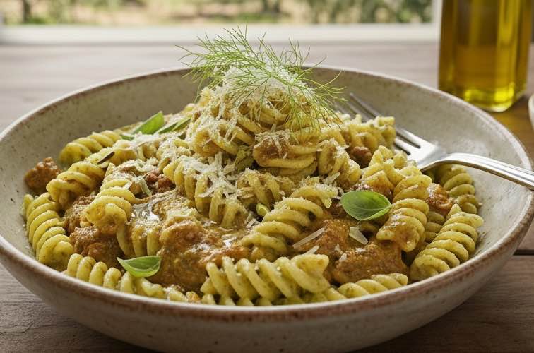 Pasta mit Salsiccia und Fenchel besonders angerichtet