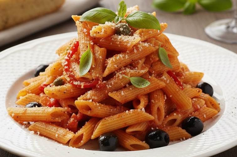 Penne alla Picchio Pacchio besonders angerichtet