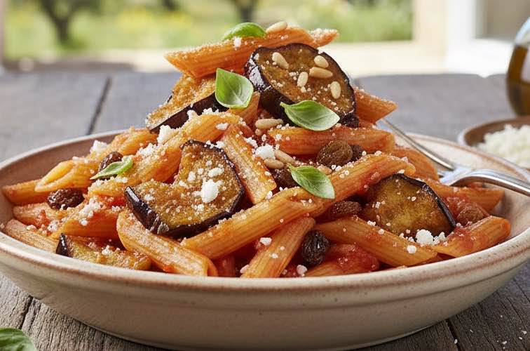 Penne siciliana besonders angerichtet