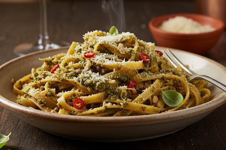 Pesto Arrabbiata mit Pasta serviert