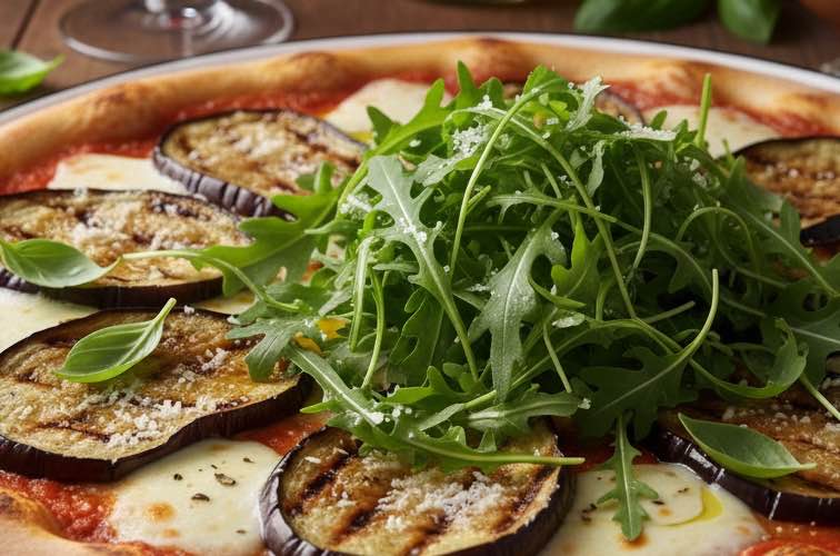 Pizza di Melanzane mit Rucola serviert