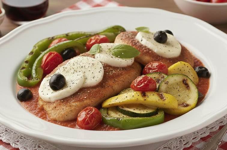 Pollo alla Pizzaiola mit gegrillem Gemüse angerichtet