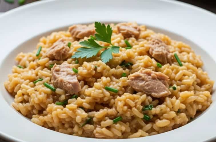 Risotto Thunfisch auf einem Teller lecker angerichtet