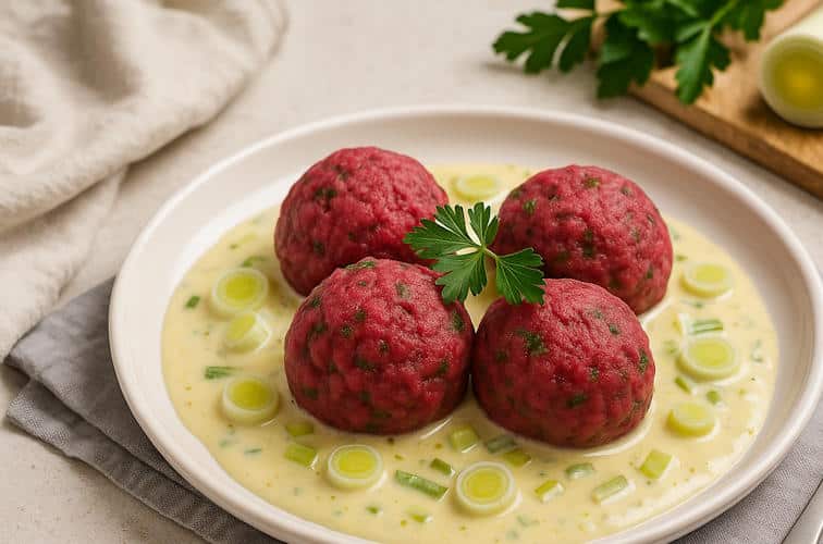 Rote Beete Knödel mit Lauch-Senf-Sauce