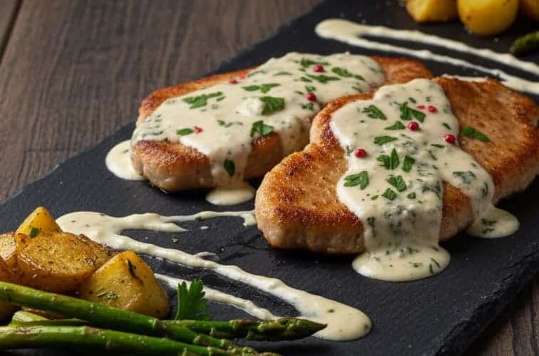 Scaloppine Gorgonzola mit Kartoffeln und Spargel angerichtet