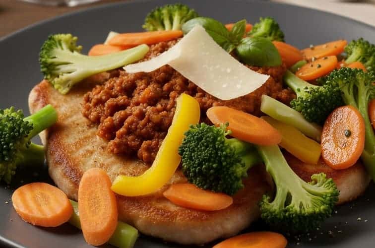 Scaloppine alla Bolognese zusätzlich mit gedünstete Gemüse angerichtet