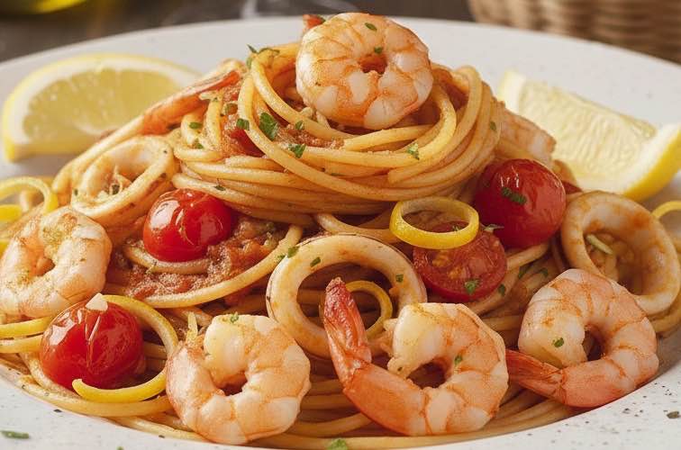 Spaghetti alla Brigadiera mit Garnelen serviert