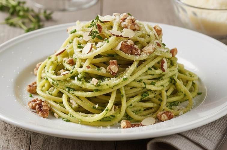 Spaghetti alla Crema di Porro mit Nüssen angerichtet