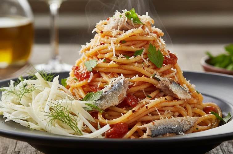 Spaghetti alla Lampara mit Fenchelsalat angerichtet