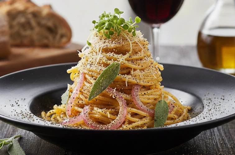 Spaghetti alla San Giovannino mit extra Pfeffer aus der Mühle angerichtet