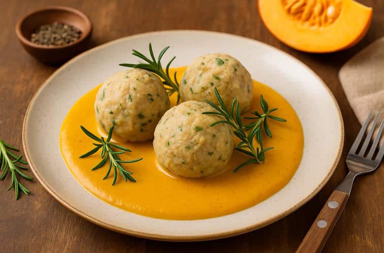 Südtiroler Semmelknödel mit cremiger Kürbis-Rahm-Sauce und Rosmarin