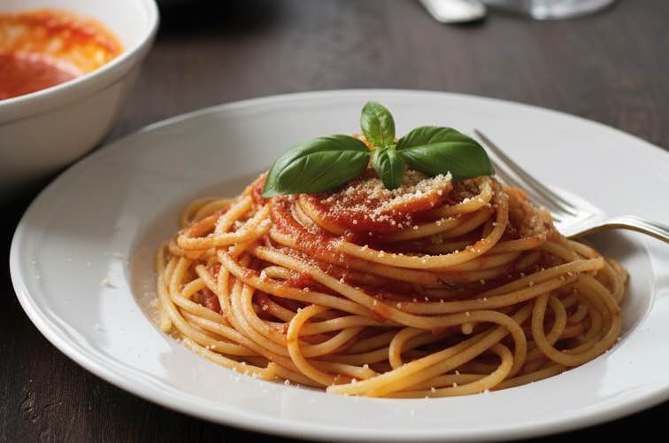 Sugo al Basilico mit Pasta angerichtet