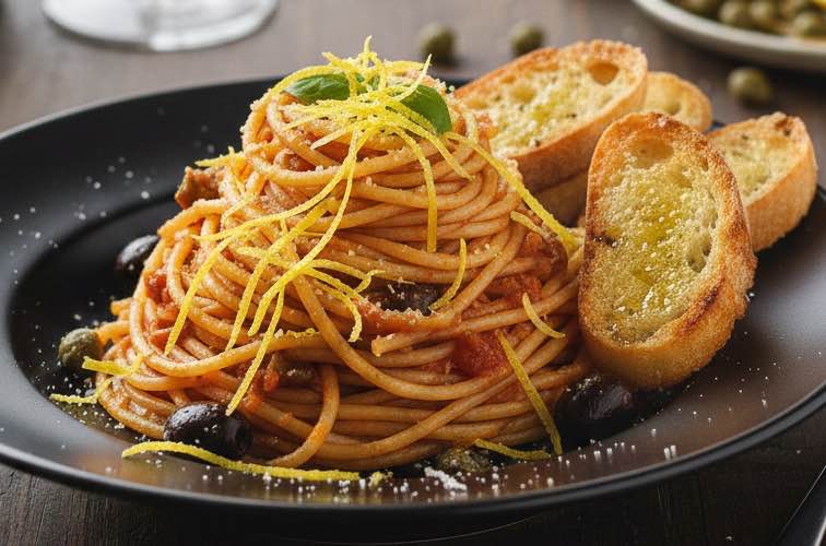 Sugo al Tonno mit Zitronenschale und geröstetem Brot angerichtet