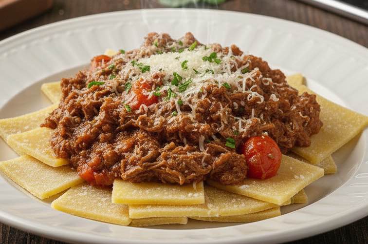 Troccoli mit Ragù angerichtet