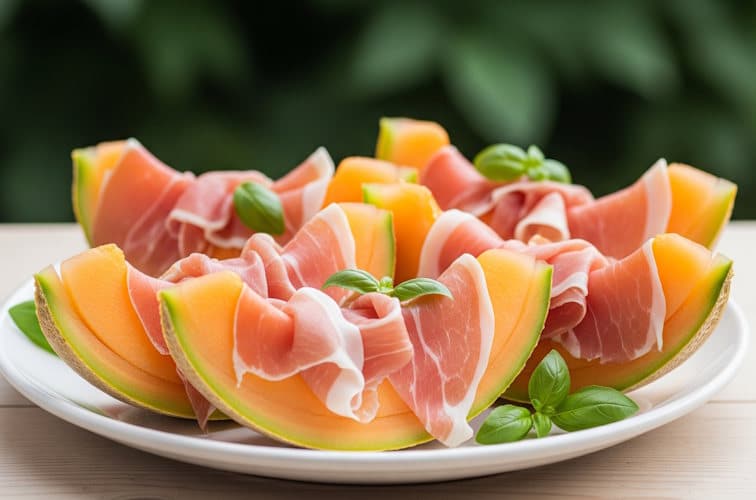 Zuckermelone mit Parma-Schinken serviert auf einem Teller - klassisch italienisch